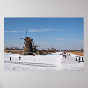 Affiche Patinage le long des moulins à vent en hiver