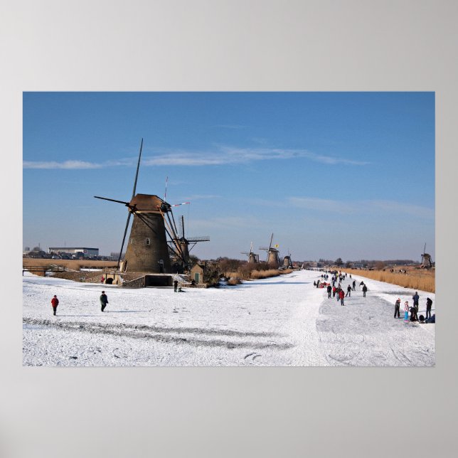 Affiche Patinage le long des moulins à vent en hiver (Devant)