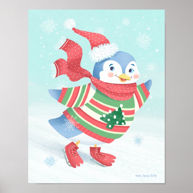 Affiche Patinage sur glace bleu Pingouin Art Imprimer (Devant)