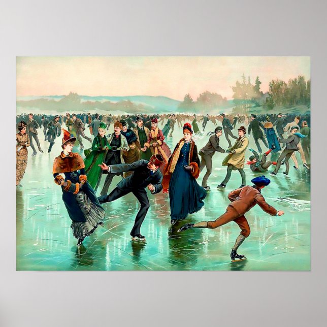 Affiche Patinage sur glace victorien scène hivernale vinta (Devant)