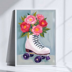 Affiche Patins à roulettes Bouquet de roses Peinture Aquar