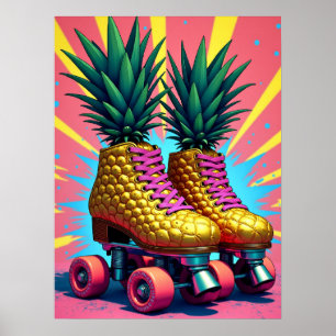 Affiche Patins à roulettes rétro Surreal Ananas Pop Art