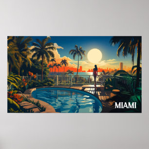 Affiche patio piscine au soleil surplombant Miami Beach