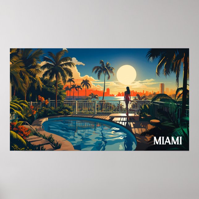 Affiche patio piscine au soleil surplombant Miami Beach (Devant)