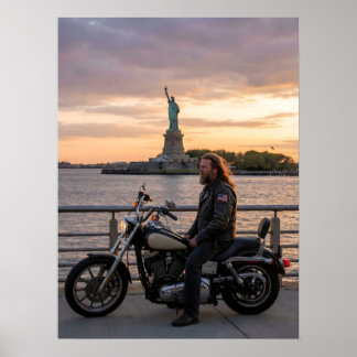Affiche Patriotic Biker Statue of Liberty Sunset Waterside