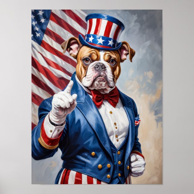 Affiche Patriotique Bulldog dans l'Oncle Sam pose (Devant)