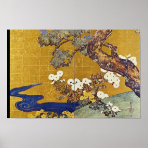 Affiche Paulownias blanches et chrysanthèmes, Sakai Hoitsu