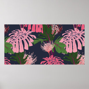 Affiche Paume tropicale exotique vert et rose feuilles et 