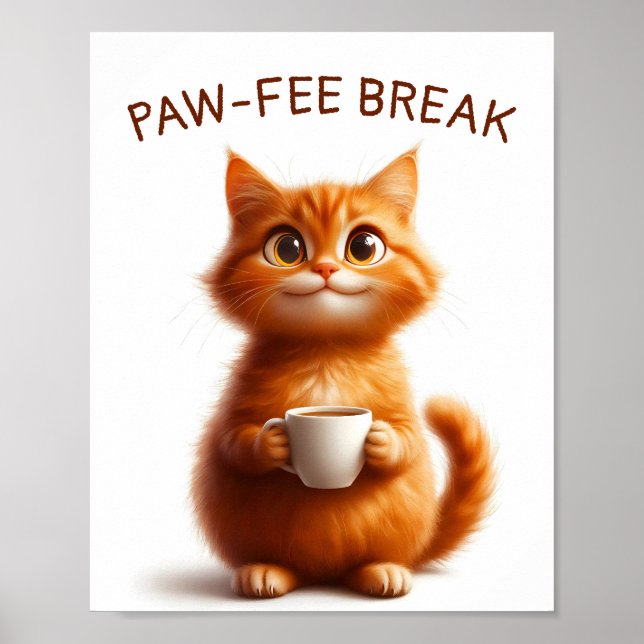 Affiche Pause Pawfee Drôle Chat Ginger avec Café (Devant)
