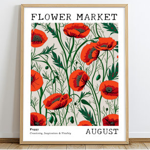 Affiche Pavot floral rouge Août Marché aux fleurs de naiss
