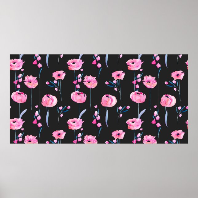 Affiche Pavot rose aquarelle et branches florales (Devant)