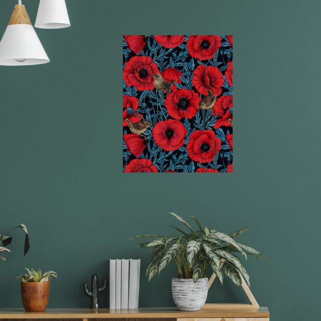 Affiche Pavot rouge et brunes, feuilles bleus sur noir (Salon 1)