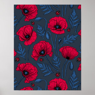 Affiche Pavot rouge et coccinelle bleu foncé