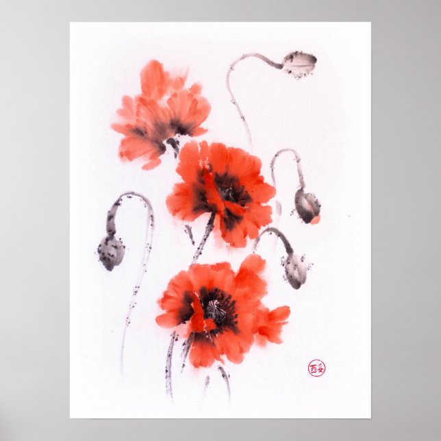 Affiche Pavot rouge suce encre et aquarelle (Devant)