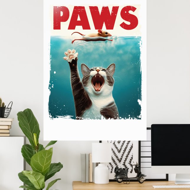 Affiche PAWS Chat Souris Parodie De L'Affiche De Film Jaws (Bureau à domicile)