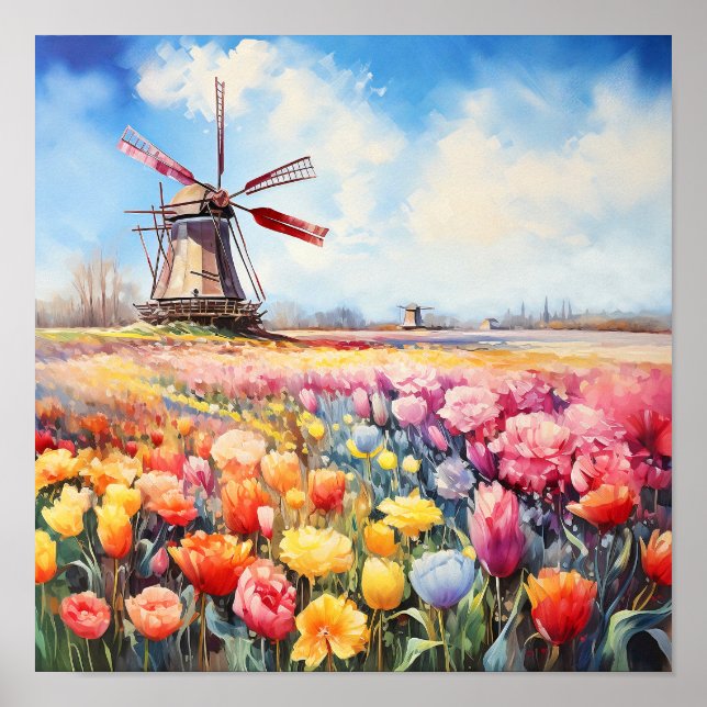 Affiche Pays-Bas Holland Travel Aquarelle Peinture (Devant)