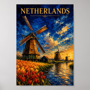 Affiche Pays-Bas : Moulin à vent artistique souvenir de co