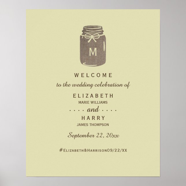 Affiche Pays Burlap Mason Jar Mariage Bienvenue (Devant)