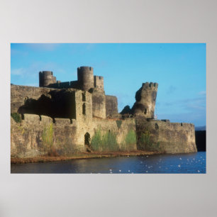 Affiche Pays de Galles - Château de Caerphilly, avec vue s