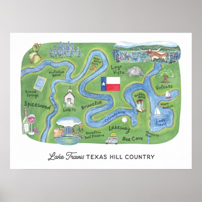 Affiche Pays du lac Travis Texas Hill Carte illustrée (Devant)