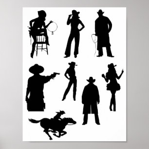 Affiche Pays western cowboys cowgirls silhouettes rodéo