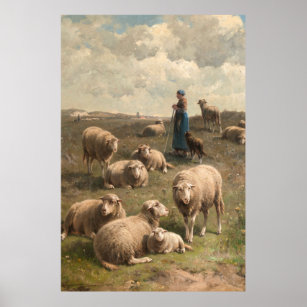 Affiche Paysage à flanc de colline avec mouton et berger