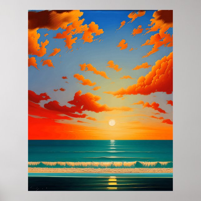 Affiche Paysage Abstrait avec coucher de soleil bleu orang (Devant)