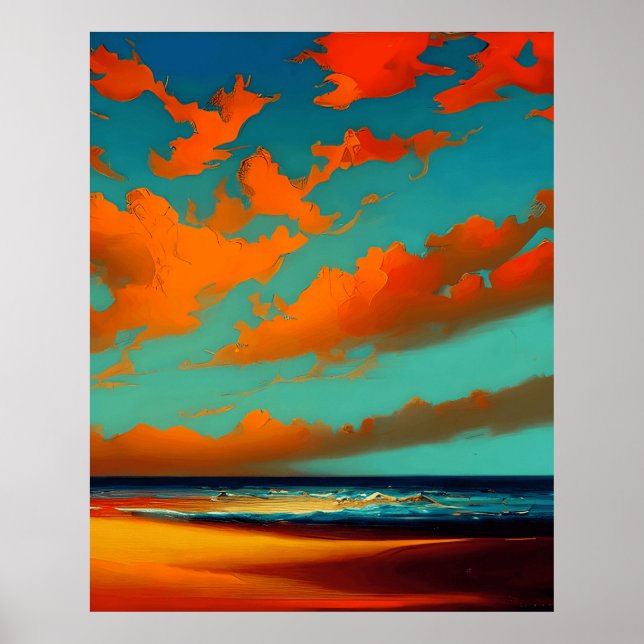 Affiche Paysage Abstrait avec coucher de soleil turquoise  (Devant)