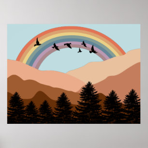 Affiche Paysage Abstrait Forêt Arbres Arc-en-ciel & Oiseau
