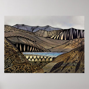 Affiche Paysage Abstrait soleil montagnes et rivière