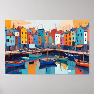 Affiche Paysage Abstrait Village Port Arrière - plan Art