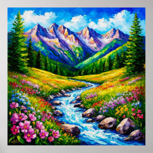 Affiche Paysage alpin avec fleurs sauvages en fleurs