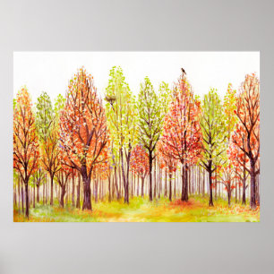 Affiche Paysage aquarelle avec arbres d'automne