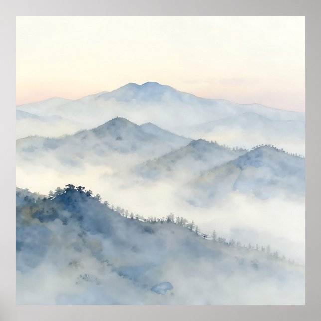 Affiche Paysage aquarelle de montagne brumeuse (Devant)