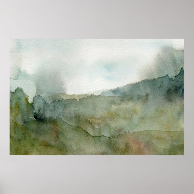 Affiche Paysage aquarelle de prairie brumeuse  (Devant)