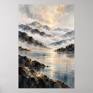 Affiche Paysage aquarelle du lac de la montagne brumeuse s