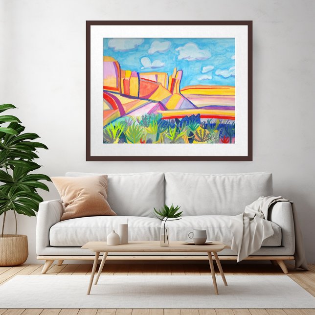 Affiche Paysage aquarelle fantaisiste de Kitchen Mesa colo (Colorful Kitchen Mesa Wacky Watercolor Landscape Poster)