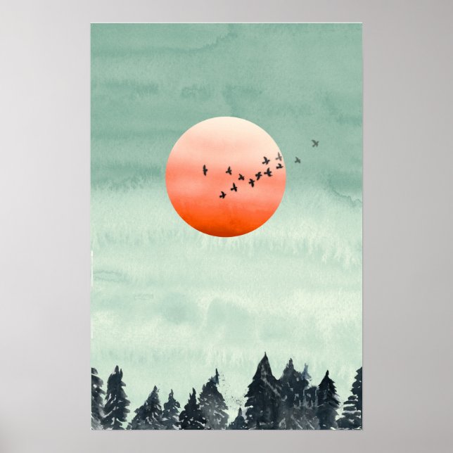 Affiche Paysage aquarelle moderne Coucher de soleil Oiseau (Devant)