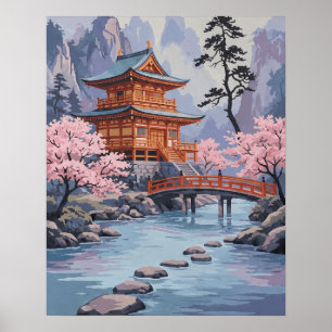 Affiche Paysage artistique de pagode japonaise aux fleurs