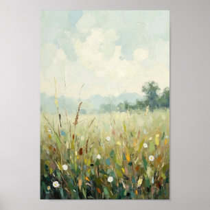 Affiche Paysage Artistique de Prairie Brumeuse Vintage
