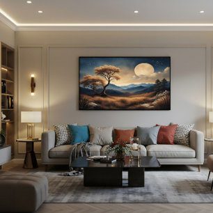 Affiche Paysage au Clair de Lune Arbres Dorés Montagnes