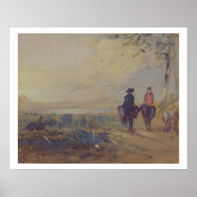 Affiche Paysage avec lac et deux Figures équitation, aperç (Devant)
