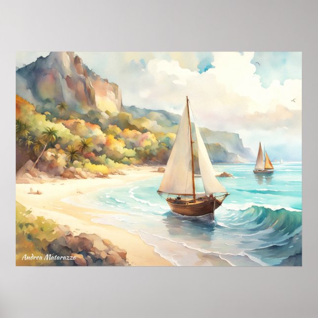Affiche Paysage avec mer et voiliers (Devant)