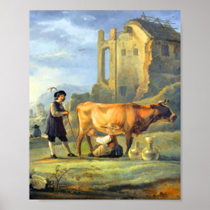 Affiche Paysage avec une jeune fille traçant une vache par