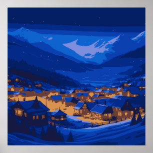Affiche Paysage bleu doré de montagne de village rétro 
