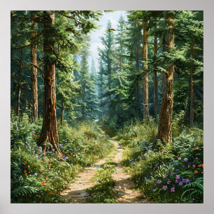 Affiche 🌲 Paysage brumeux de forêt de pins vert foncé Nat