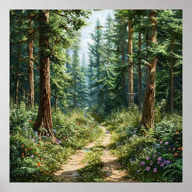Affiche 🌲 Paysage brumeux de forêt de pins vert foncé Nat (Devant)