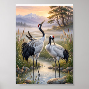 Affiche Paysage brumeux Grues élégantes Nature Faune Fle
