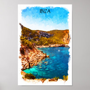 Affiche Paysage coloré Ibiza Espagne aquarelle