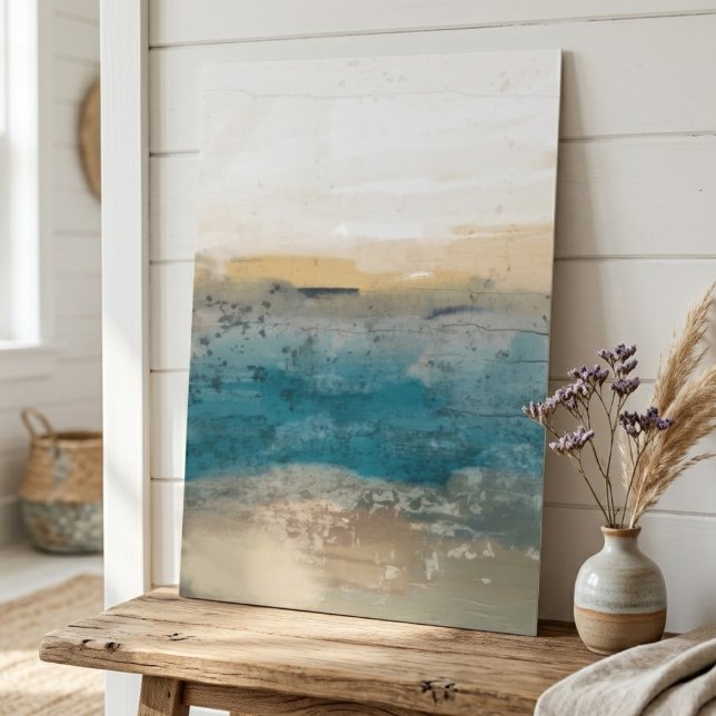Affiche Paysage côtier abstrait avec sarcelle et beige (This peaceful abstract landscape on the art poster brings a relaxing vibe to your living room.)